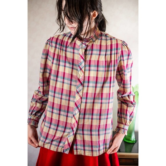 Vintage 70s Cottagecore Prairie Plaid Western Button Down Shirt, High Neck, Med​ - Picture 8 of 9